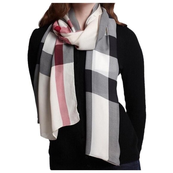 Burberry Check Print Ivory Silk Satin Scarf - Picture 15 of 16